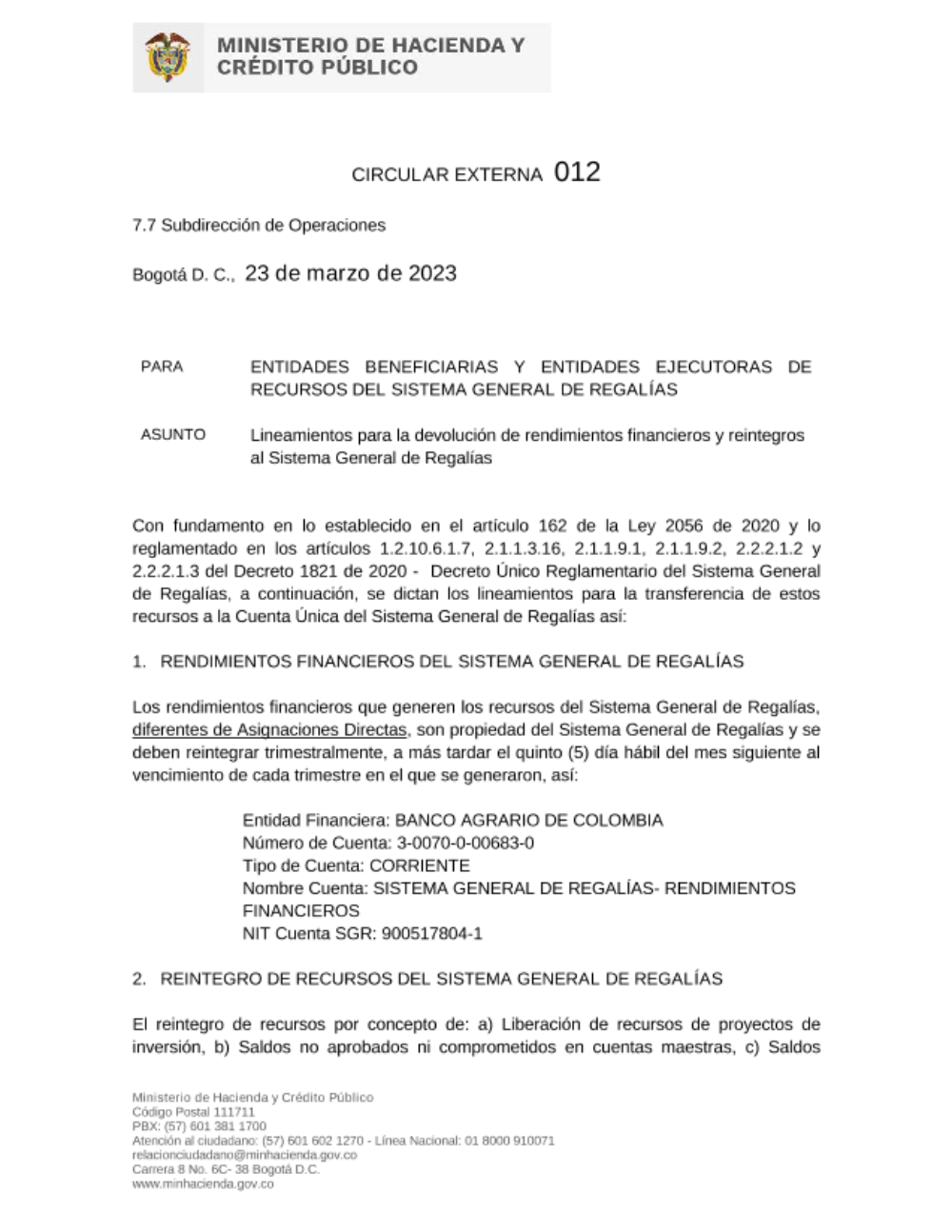 Lineamientos para la devolución de rendimientos financieros y reintegros al Sistema General de Regalías