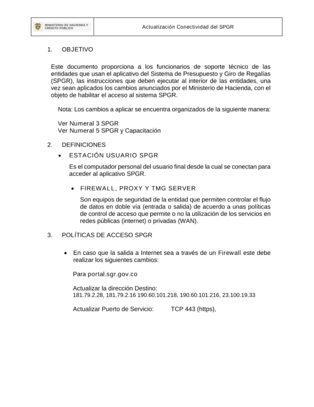 Instructivo para la verificación de conectividad con el SPGR