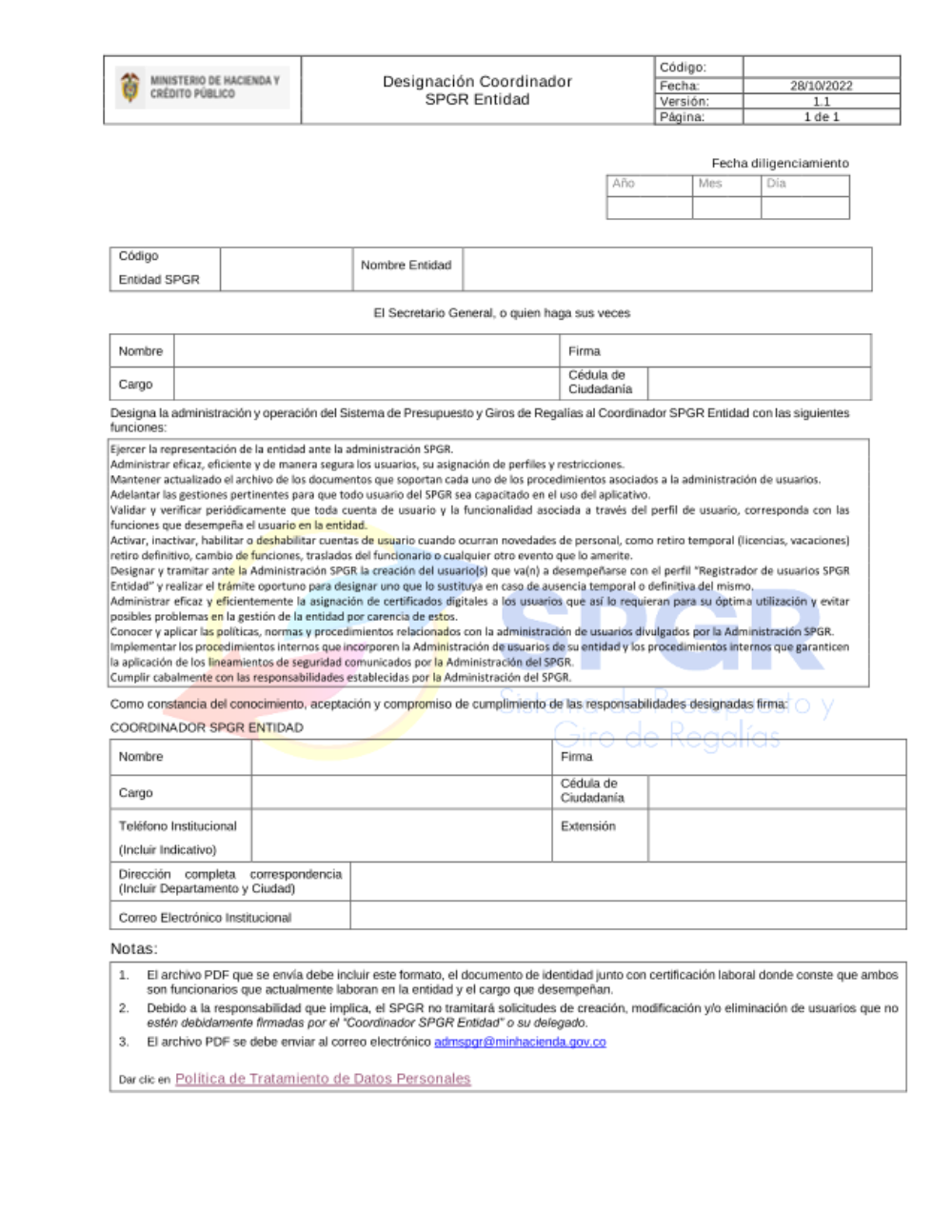 Formato para la Designación Coordinador SPGR Entidad (principal) para entidades a certificar