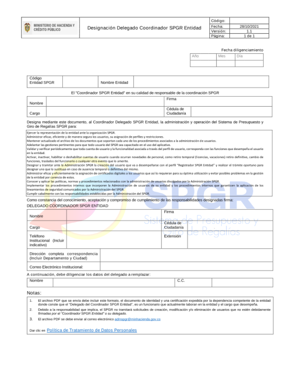 Formato para la Designación Delegado Coordinador SPGR Entidad (suplente) para entidades a certificar