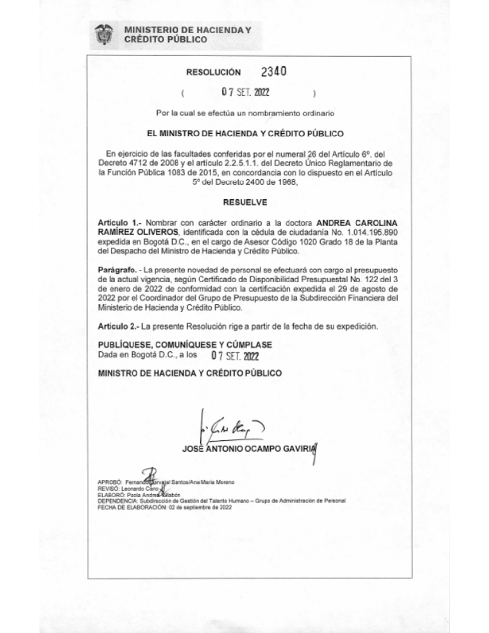 Nombramiento ordinario en el cargo de Asesor Código 1020 Grado 18 de la Planta del Despacho del Ministro de Hacienda y Crédito Público.