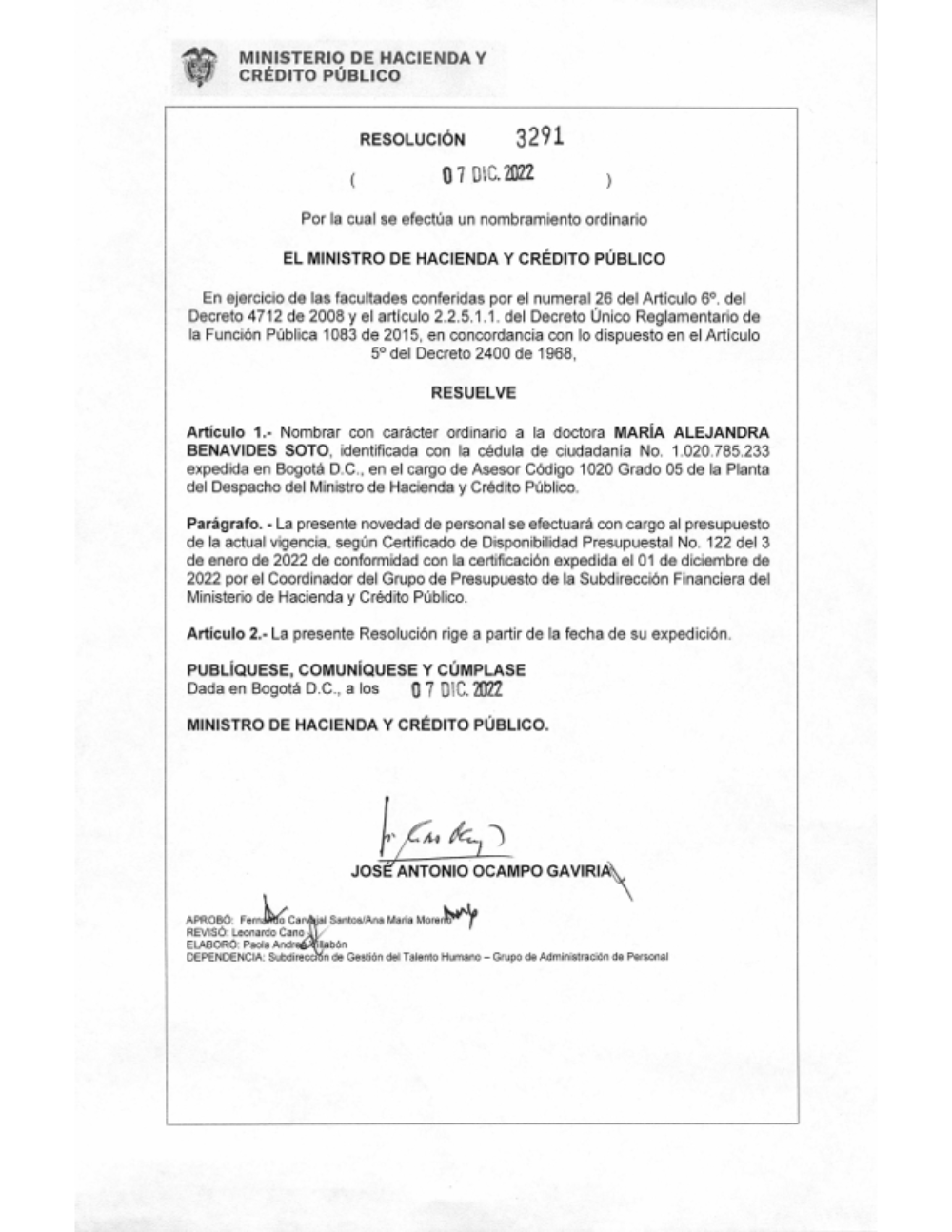 Nombramiento ordinario en el cargo de Asesor Código 1020 Grado 05, , de la Planta del Despacho del Ministro de Hacienda y Crédito Público.