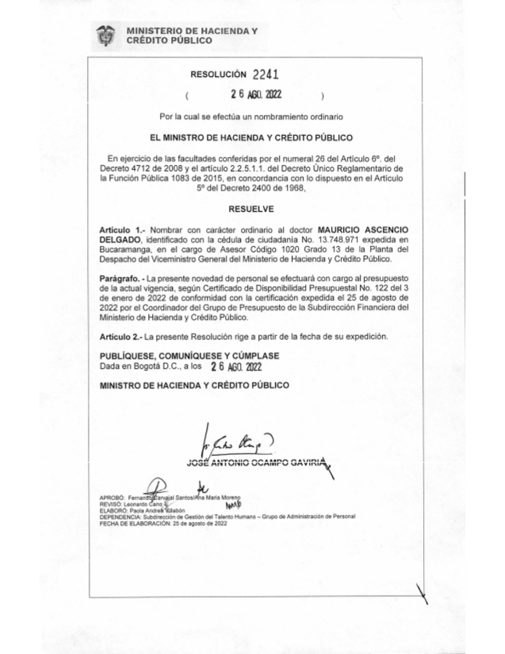 Aspira al cargo de Asesor 1020-13 de la Planta del Despacho del Viceministro General del Ministerio de Hacienda y Crédito Público