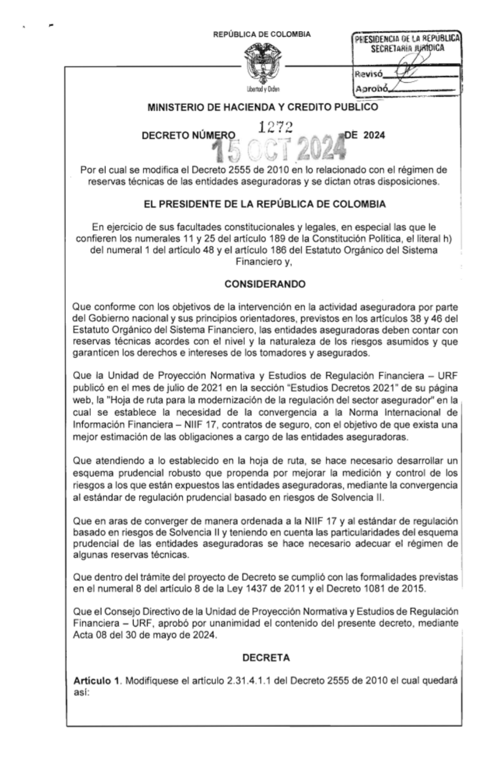 Por el cual se modifica el Decreto 2555 de 2010 en lo relacionado con el régimen de reservas técnicas de las entidades aseguradoras y se dictan otras disposiciones.