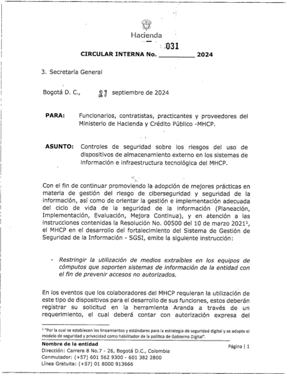 Controles de seguridad sobre los riesgos del uso de dispositivos de almacenamiento externo en los sistemas de información e infraestructura tecnológica del MHCP.