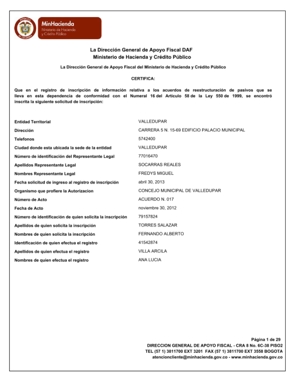 Último documento registrado: Primera modificación del acuerdo de reestructuración de pasivos celebrado entre el municipio de Valledupar - Cesar y sus acreedores en el marco de la Ley 550 de 1999. Diciembre 28 de 2020. Certificado de 29 páginas.